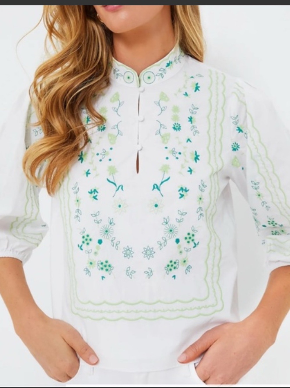 Hyacinth House Erin Blouse with Green Floral Embroidery